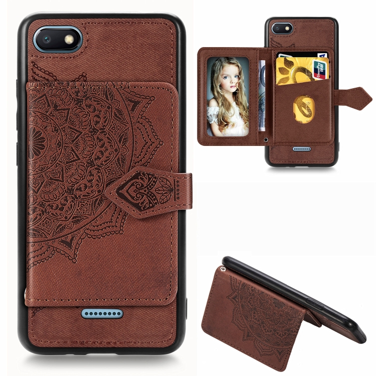 

For Xiaomi Redmi 6A Mandala Embossed Magnetic Cloth PU + TPU + PC Case with Holder & Card Slots & Wallet & Photo Frame & Strap(Brown)