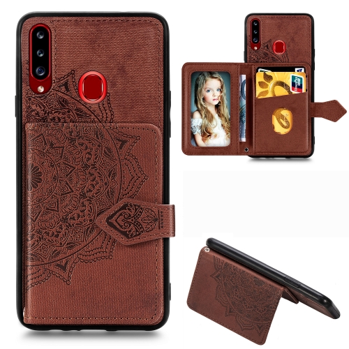 

For Galaxy A20s Mandala Embossed Magnetic Cloth PU + TPU + PC Case with Holder & Card Slots & Wallet & Photo Frame & Strap(Brown)