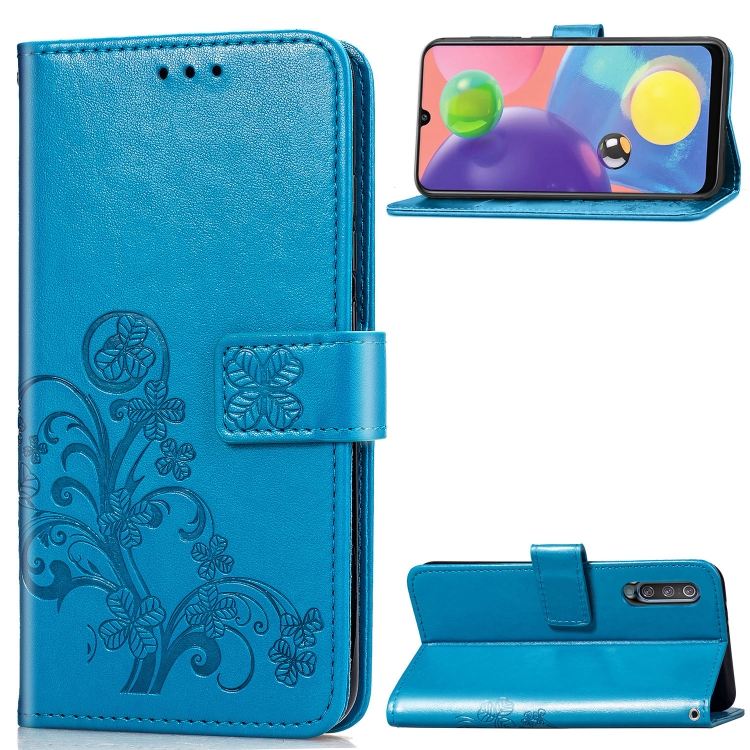 

For Galaxy A70s Four-leaf Clasp Embossed Buckle Mobile Phone Protection Leather Case with Lanyard & Card Slot & Wallet & Bracket Function(Blue)