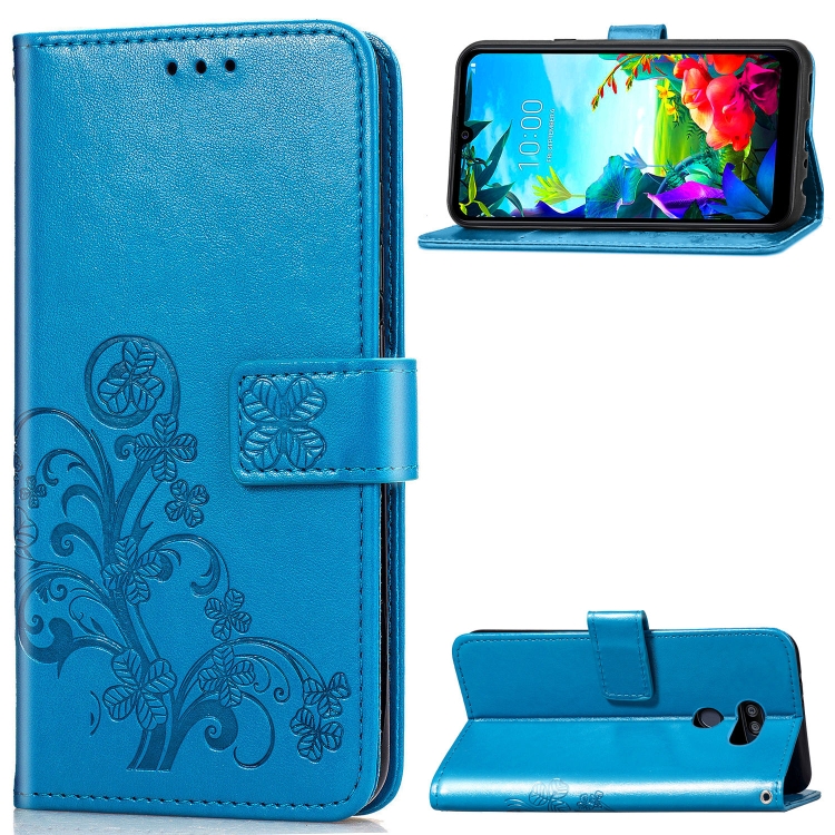 

For LG K40S Four-leaf Clasp Embossed Buckle Mobile Phone Protection Leather Case with Lanyard & Card Slot & Wallet & Bracket Function(Blue)