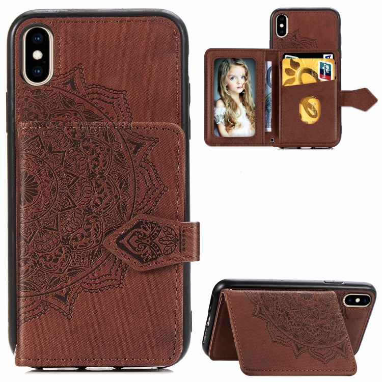 

For iPhone X/XS Mandala Embossed Magnetic Cloth PU + TPU + PC Case with Holder & Card Slots & Wallet & Photo Frame & Strap(Brown)