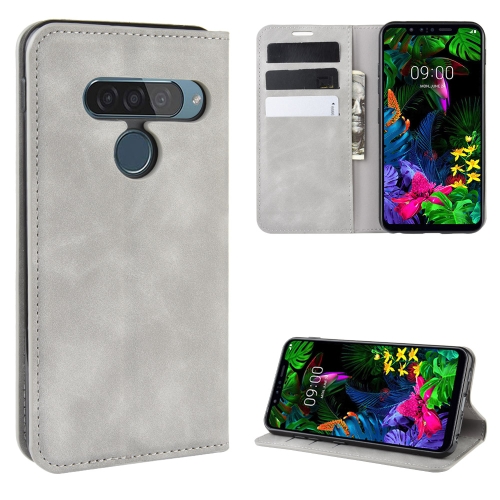 

For LG G8S ThinQ Retro-skin Business Magnetic Suction Leather Case with Holder & Card Slots & Wallet(Grey)