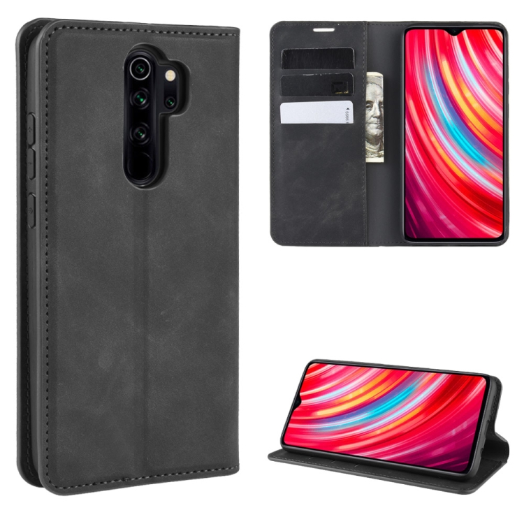

For Xiaomi Redmi Note 8 Pro Retro-skin Business Magnetic Suction Leather Case with Holder & Card Slots & Wallet(Black)