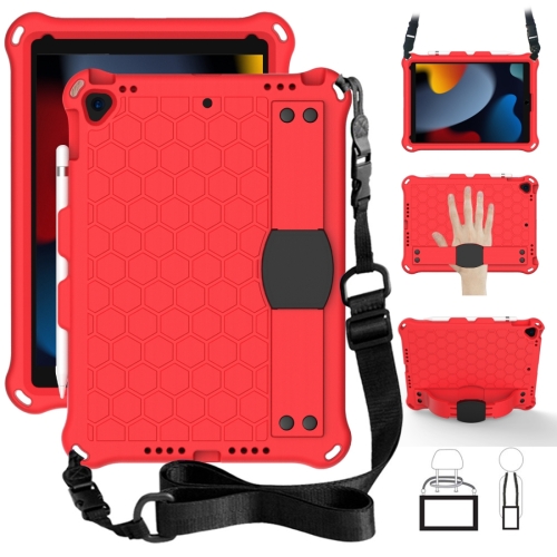 

For iPad 10.2 Honeycomb Design EVA + PC Four Corner Shockproof Protective Case with Straps(Red+Black )