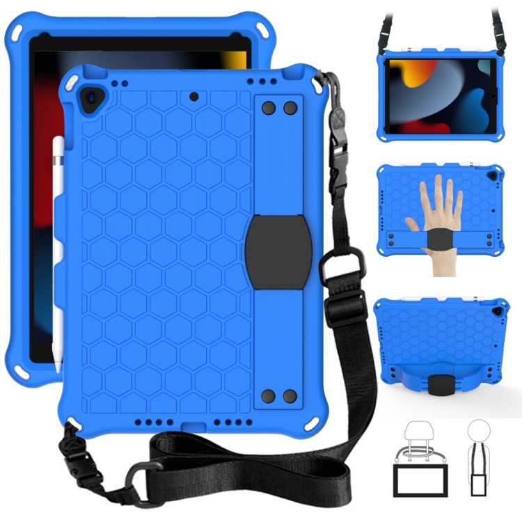 

For iPad 10.2 Honeycomb Design EVA + PC Four Corner Anti Falling Flat Protective Shell With Straps(Blue+Black)