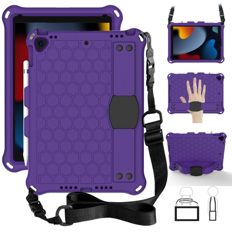 

For iPad 10.2 Honeycomb Design EVA + PC Four Corner Shockproof Protective Case with Straps(Purple+Black)