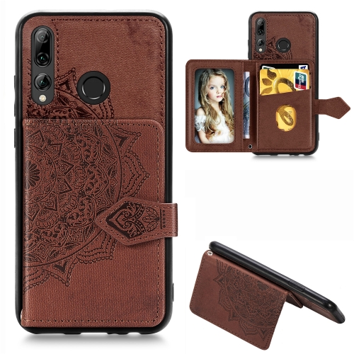 

For Huawei Y9 Prime (2019) Mandala Embossed Magnetic Cloth PU + TPU + PC Case with Holder & Card Slots & Wallet & Photo Frame & Strap(Brown)