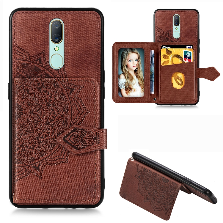 

For OPPO F11 Pro Mandala Embossed Magnetic Cloth PU + TPU + PC Case with Holder & Card Slots & Wallet & Photo Frame & Strap(Brown)