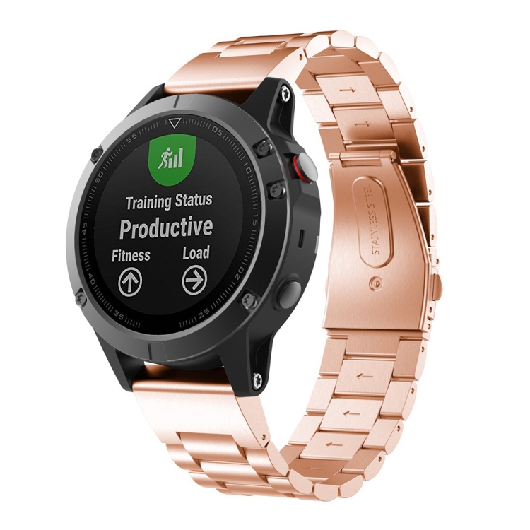 

For Garmin Fenix 5 Three-Bead Stainless Steel Metal Watchband, Size:22MM(Rose Gold)