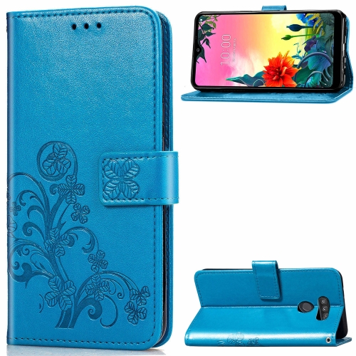 

For LG K50S Four-leaf Clasp Embossed Buckle Mobile Phone Protection Leather Case with Lanyard & Card Slot & Wallet & Bracket Function(Blue)