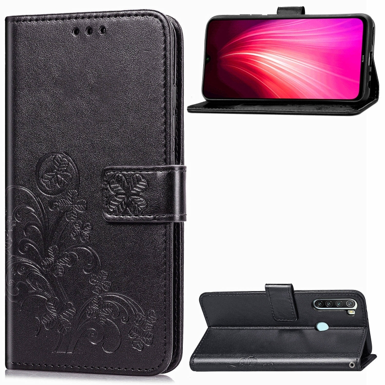 

For Xiaomi Redmi Note 8T Four-leaf Clasp Embossed Buckle Mobile Phone Protection Leather Case with Lanyard & Card Slot & Wallet & Bracket Function(Black)