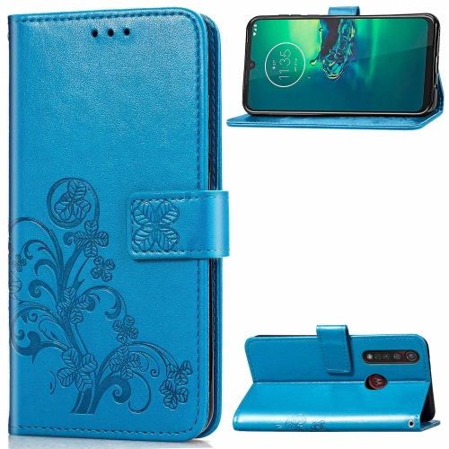 

For Motorola G8 Plus Four-leaf Clasp Embossed Buckle Mobile Phone Protection Leather Case with Lanyard & Card Slot & Wallet & Bracket Function(Blue)