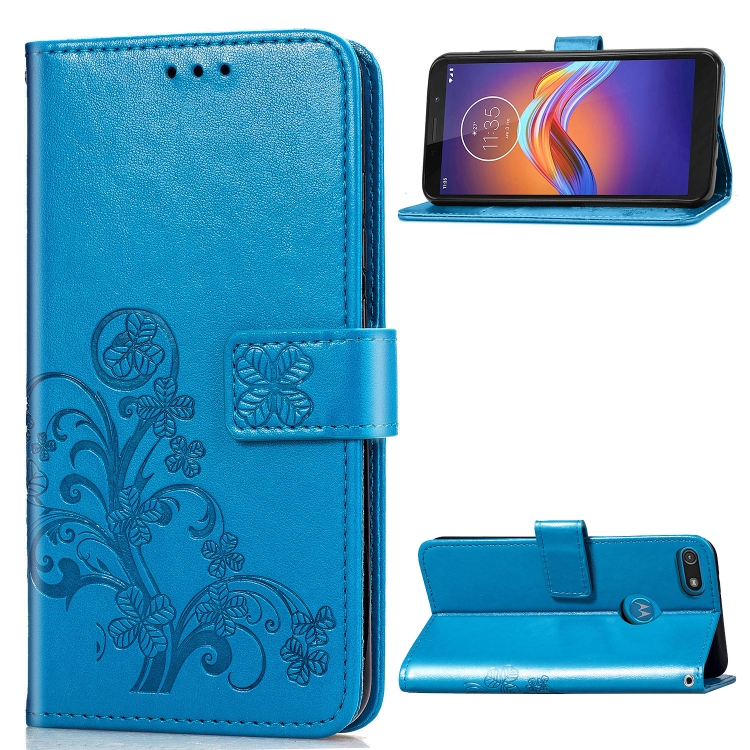 

For Motorola E6 Play Four-leaf Clasp Embossed Buckle Mobile Phone Protection Leather Case with Lanyard & Card Slot & Wallet & Bracket Function(Blue)