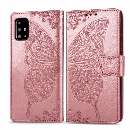 

For Galaxy A51 Butterfly Love Flower Embossed Horizontal Flip Leather Case with Bracket / Card Slot / Wallet / Lanyard(Rose Gold)