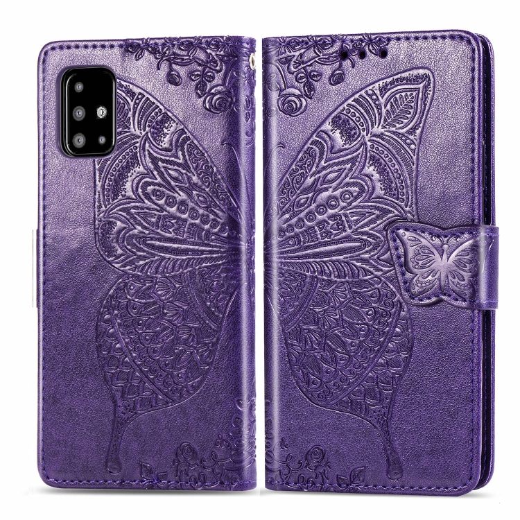 

For Galaxy A51 Butterfly Love Flower Embossed Horizontal Flip Leather Case with Bracket / Card Slot / Wallet / Lanyard(Dark Purple)