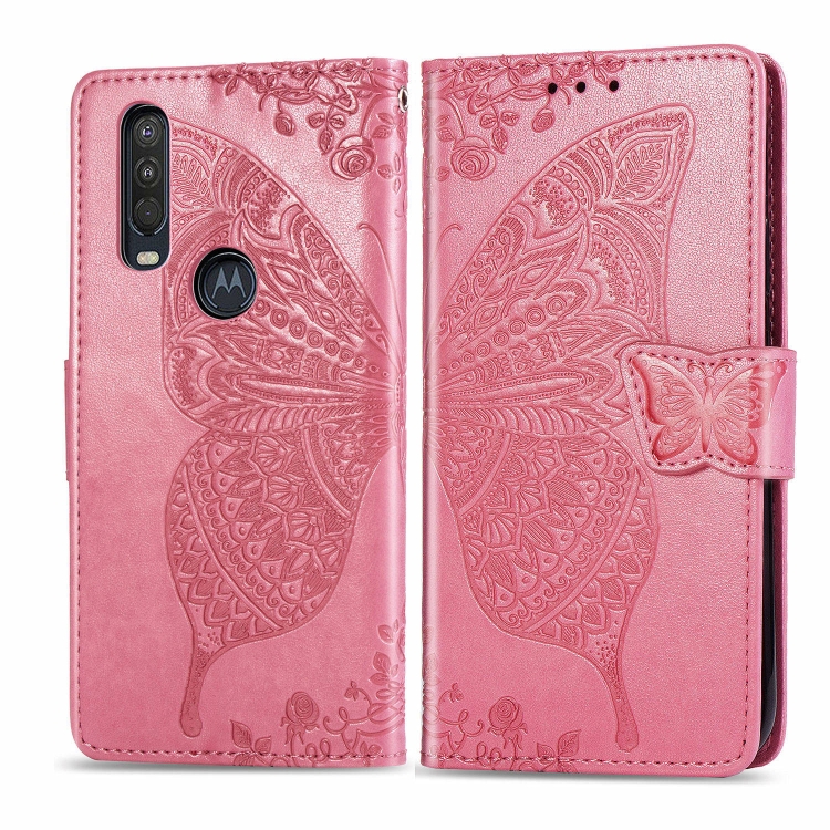 

For Motorola One Action Butterfly Love Flower Embossed Horizontal Flip Leather Case with Bracket Lanyard Card Slot Wallet(Pink)
