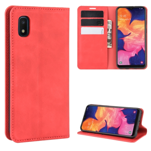 

For Galaxy A10e Retro-skin Business Magnetic Suction Leather Case with Holder & Card Slots & Wallet(Red)
