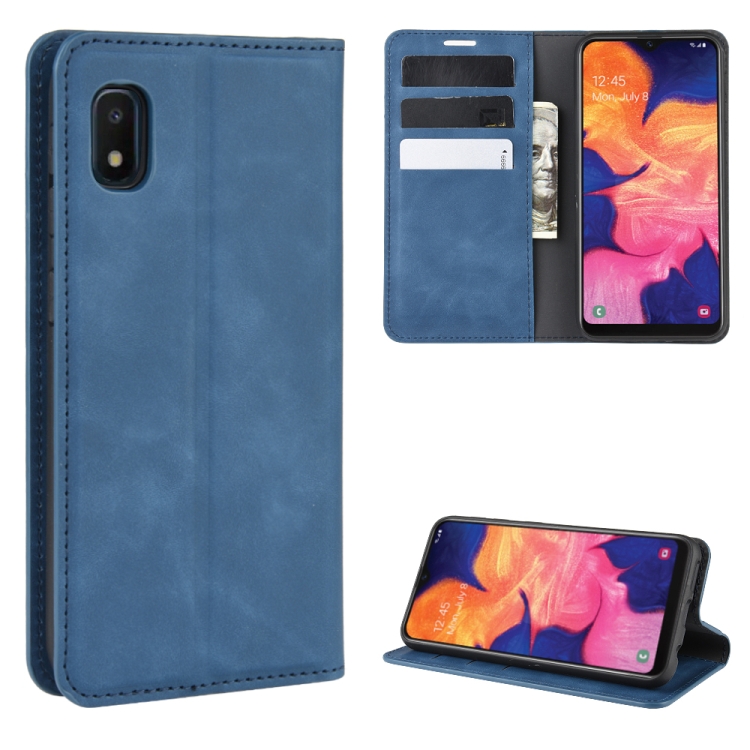 

For Galaxy A10 Retro-skin Business Magnetic Suction Leather Case with Holder & Card Slots & Wallet(Dark Blue)