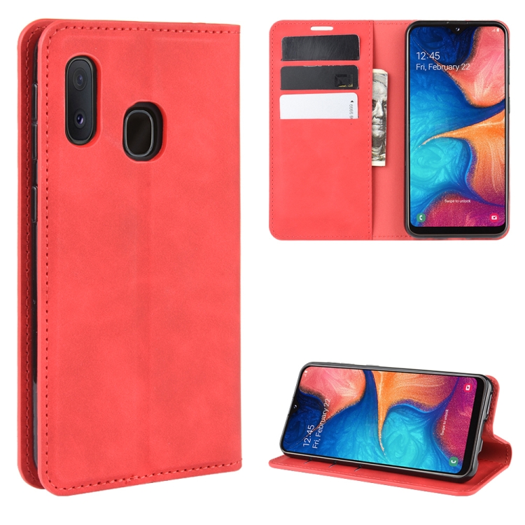 

For Galaxy A20e Retro-skin Business Magnetic Suction Leather Case with Holder & Card Slots & Wallet(Red)