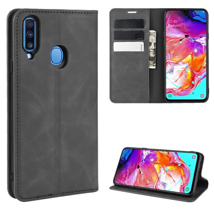

For Galaxy A20s Retro-skin Business Magnetic Suction Leather Case with Holder & Card Slots & Wallet(Black)