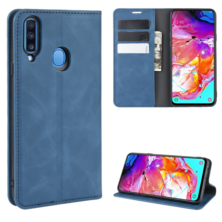 

For Galaxy A20s Retro-skin Business Magnetic Suction Leather Case with Holder & Card Slots & Wallet(Dark Blue)