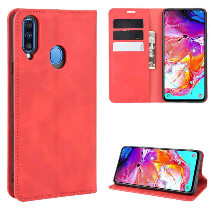 

For Galaxy A20s Retro-skin Business Magnetic Suction Leather Case with Holder & Card Slots & Wallet(Red)