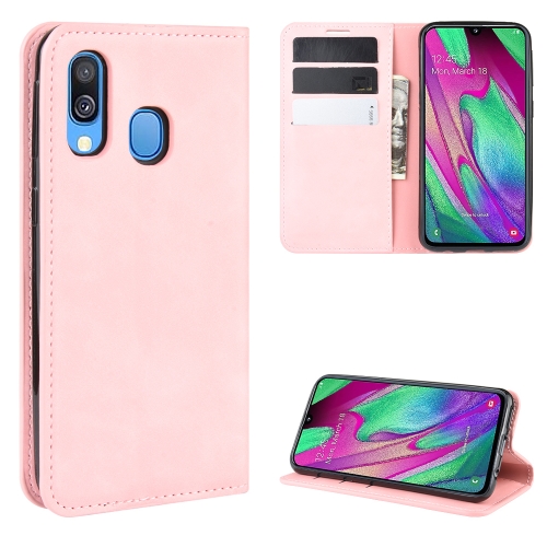 

For Galaxy A40 Retro-skin Business Magnetic Suction Leather Case with Holder & Card Slots & Wallet(Pink)