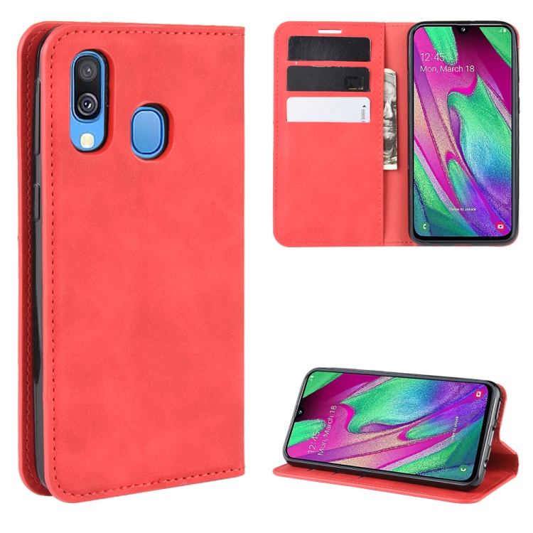 

For Galaxy A40 Retro-skin Business Magnetic Suction Leather Case with Holder & Card Slots & Wallet(Red)