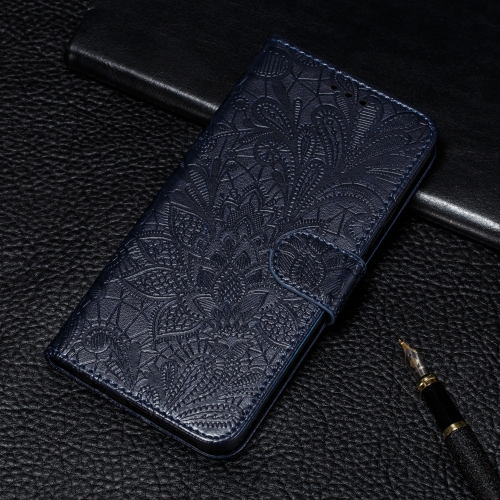 

For Galaxy A70s Lace Flower Embossing Pattern Horizontal Flip Leather Case with Holder & Card Slots & Wallet & Photo Frame & Lanyard(Dark Blue)