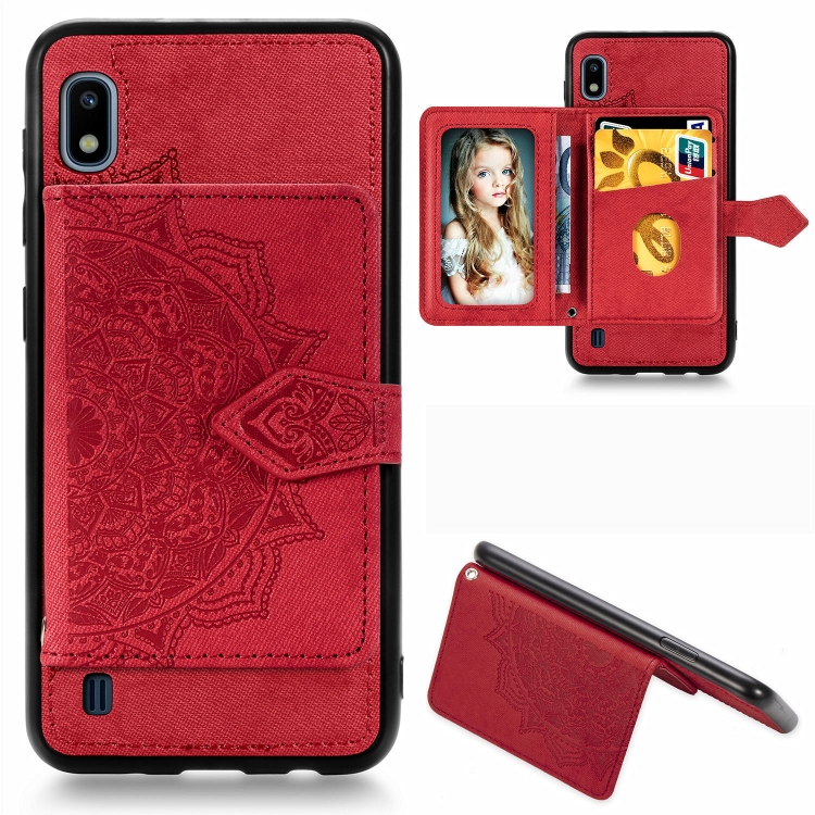 

For Galaxy A10 Mandala Embossed Magnetic Cloth PU + TPU + PC Case with Holder & Card Slots & Wallet & Photo Frame & Strap(Red)