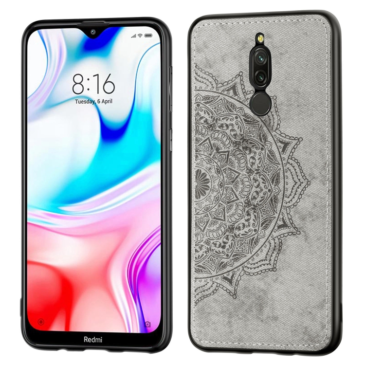 

For Xiaomi Redmi 8 Embossed Mandala Pattern PC + TPU + Fabric Phone Case with Lanyard & Magnetic(Gray)
