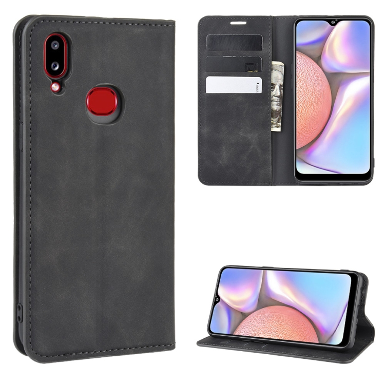 

For Galaxy A10s Retro-skin Business Magnetic Suction Leather Case with Holder & Card Slots & Wallet(Black)