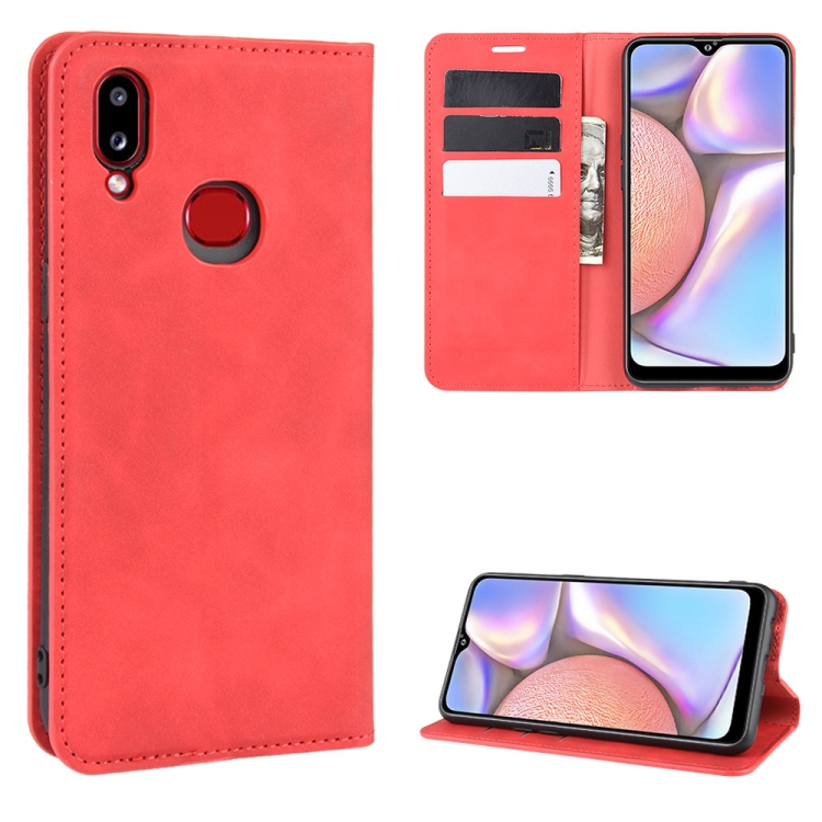 

For Galaxy A10s Retro-skin Business Magnetic Suction Leather Case with Holder & Card Slots & Wallet(Red)
