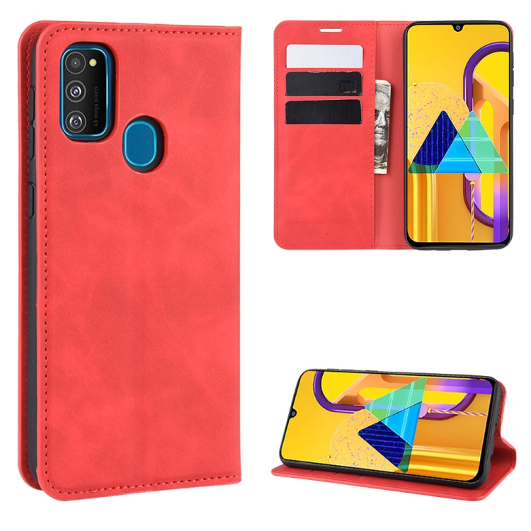 

For Galaxy M30s Retro-skin Business Magnetic Suction Leather Case with Holder & Card Slots & Wallet(Red)