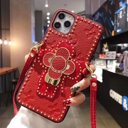 

For iPhone 11 Pro Leather Sunflower Buckle Bracket Mobile Phone Protective Case(Red)