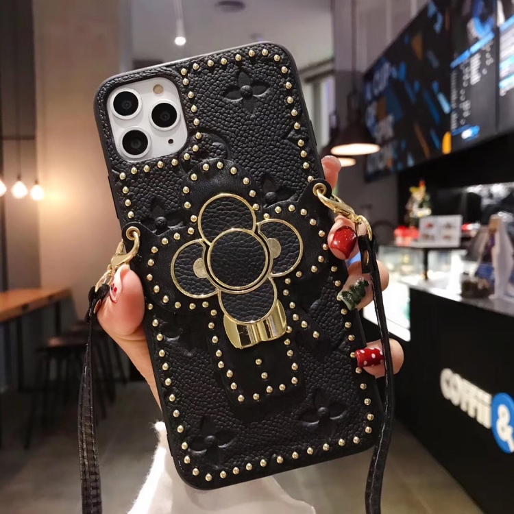 

For iPhone 11 Leather Sunflower Buckle Bracket Mobile Phone Protective Case(Black)