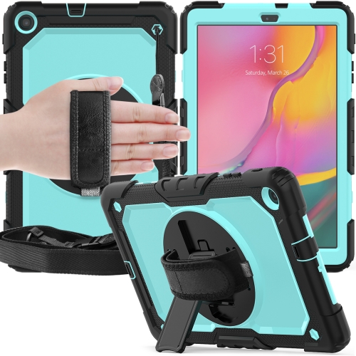 

For Galaxy Tab A10.1 2019 / T510 Shockproof Colorful Silica Gel + PC Protective Case, with Holder & Shoulder Strap(Black+Light Blue)