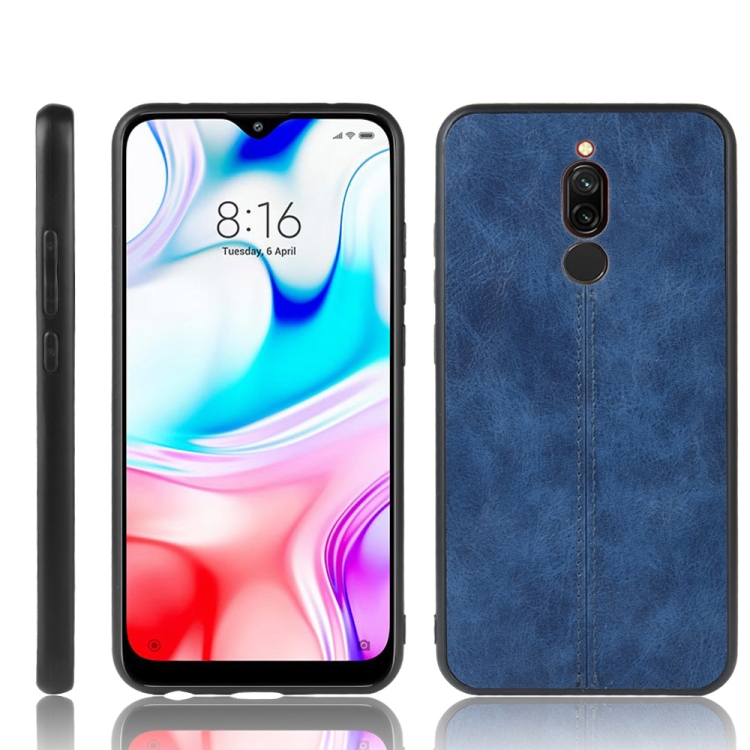 

For Xiaomi Redmi 8 Shockproof Sewing Cow Pattern Skin PC + PU + TPU Case(Blue)