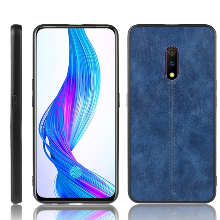 

For Oppo Realme X Shockproof Sewing Cow Pattern Skin PC + PU + TPU Case(Blue)