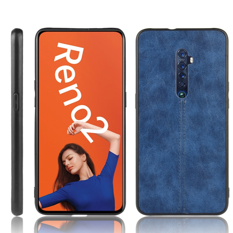 

For Oppo Reno2 Shockproof Sewing Cow Pattern Skin PC + PU + TPU Case(Blue)