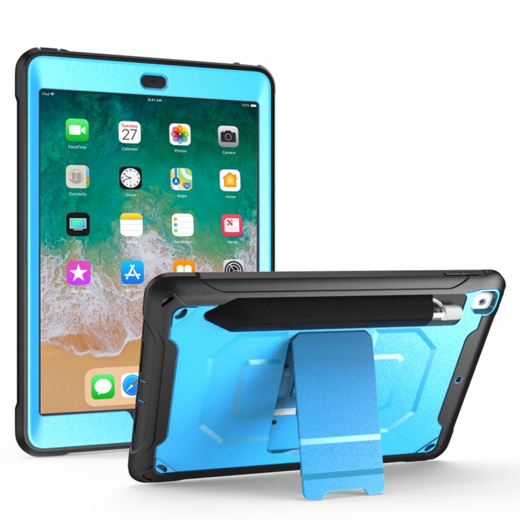 

For iPad 9.7 (2018) & (2017) 360 Degree Rotation PC + Silicone Protective Case with Holder & Hand-strap(Light Blue)