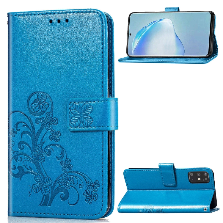 

For Galaxy S20+ Four-leaf Clasp Embossed Buckle Mobile Phone Protection Leather Case with Lanyard & Card Slot & Wallet & Bracket Function(Blue)