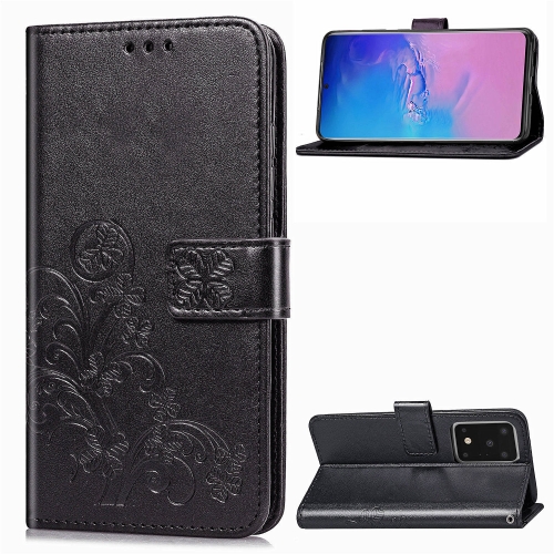

For Galaxy S20 Ultra Four-leaf Clasp Embossed Buckle Mobile Phone Protection Leather Case with Lanyard & Card Slot & Wallet & Bracket Function(Black)
