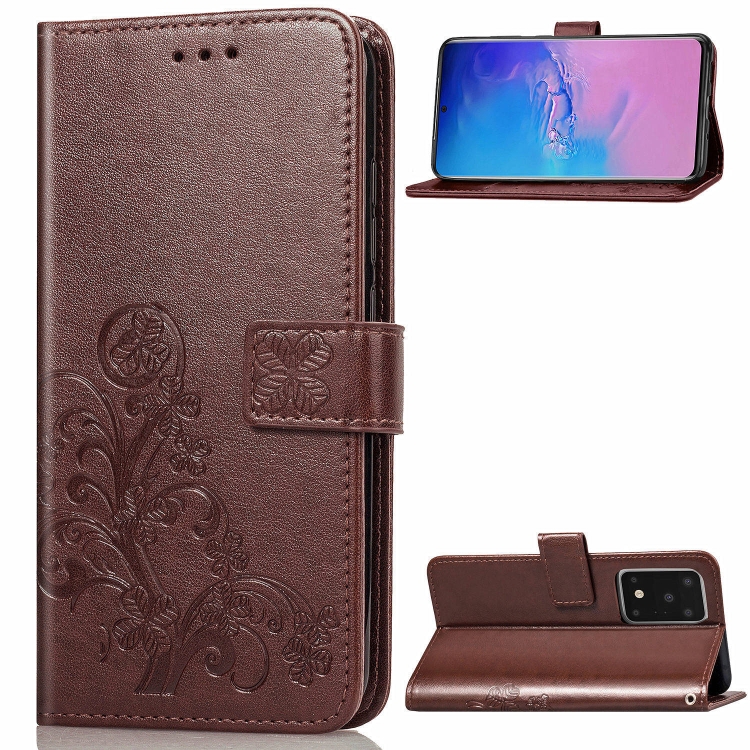 

For Galaxy S20 Ultra Four-leaf Clasp Embossed Buckle Mobile Phone Protection Leather Case with Lanyard & Card Slot & Wallet & Bracket Function(Brown)