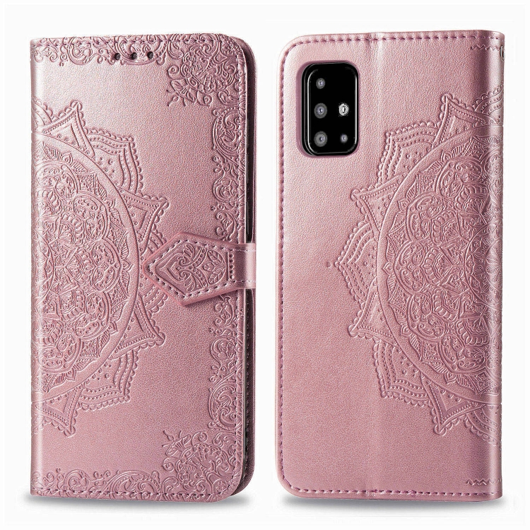 

For Galaxy A71 Halfway Mandala Embossing Pattern Horizontal Flip Leather Case , with Holder & Card Slots & Wallet & Photo Frame & Lanyard(Rose Gold)