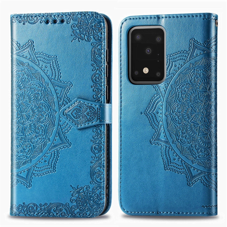 

For Galaxy S20 Ultra Halfway Mandala Embossing Pattern Horizontal Flip Leather Case with Holder & Card Slots & Wallet & Photo Frame & Lanyard(Blue)