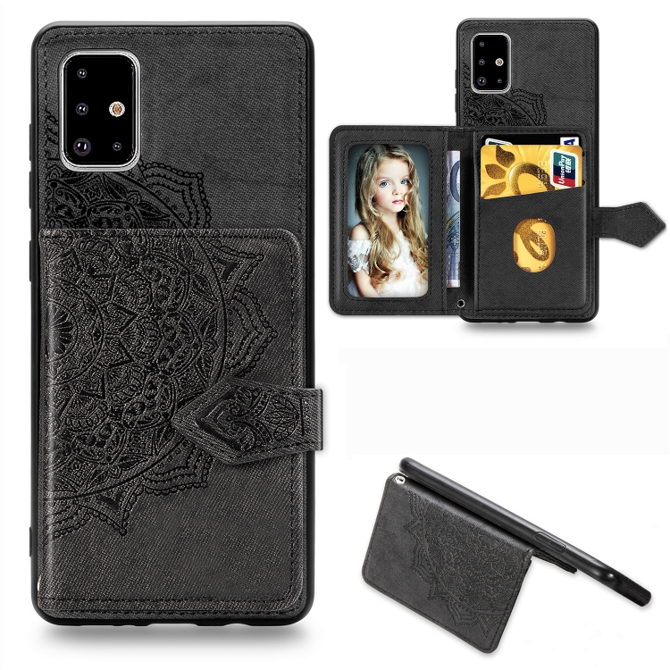 

For Galaxy A71 Mandala Embossed Magnetic Cloth PU + TPU + PC Case with Holder & Card Slots & Wallet & Photo Frame & Strap(Black)