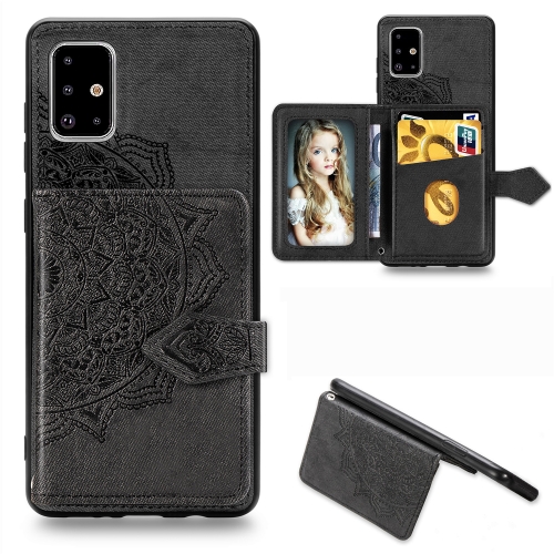 

For Galaxy A51 Mandala Embossed Magnetic Cloth PU + TPU + PC Case with Holder & Card Slots & Wallet & Photo Frame & Strap(Black)