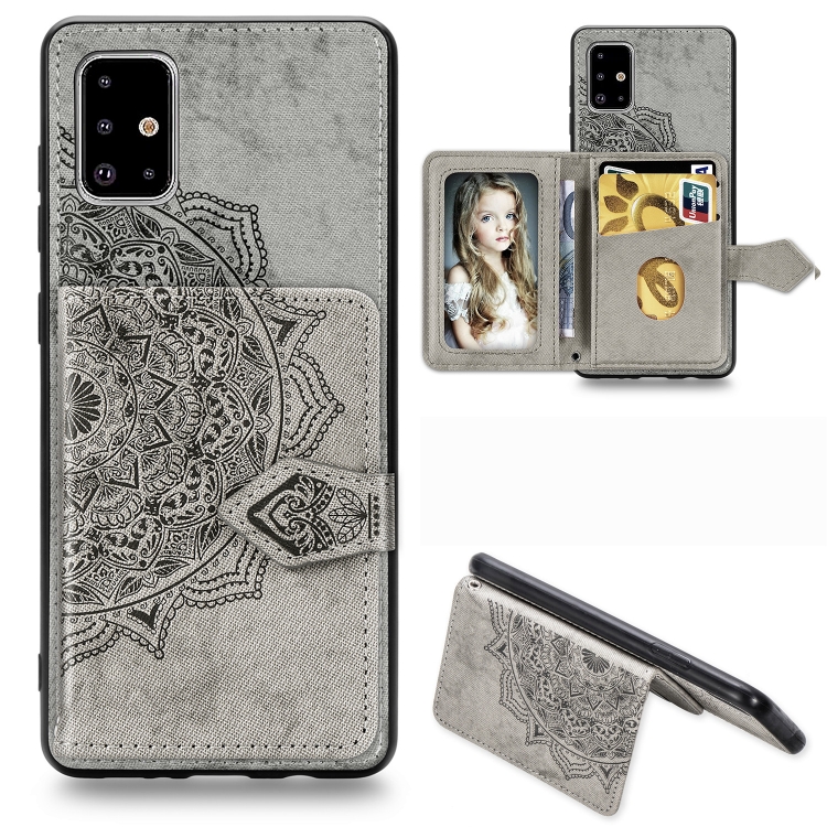 

For Galaxy A51 Mandala Embossed Magnetic Cloth PU + TPU + PC Case with Holder & Card Slots & Wallet & Photo Frame & Strap(Gray)