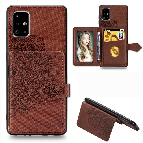 

For Galaxy A51 Mandala Embossed Magnetic Cloth PU + TPU + PC Case with Holder & Card Slots & Wallet & Photo Frame & Strap(Brown)